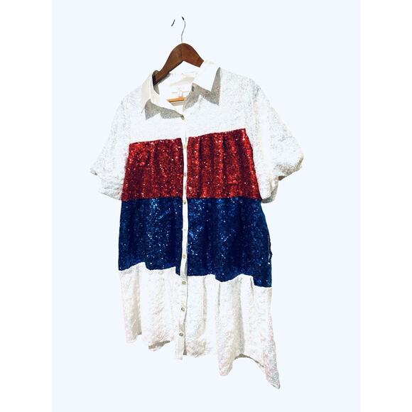 Peach Love Women’s Medium Sequin Dress Button Down Red White Blue Party Tunic - Picture 3 of 11